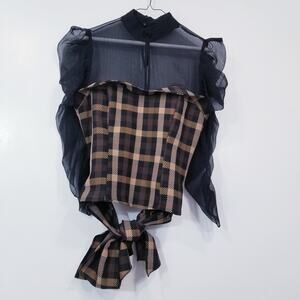 New York & Company Plaid Ruffle Blouse Keyhole Illusion Neckline Sheer Sleeves